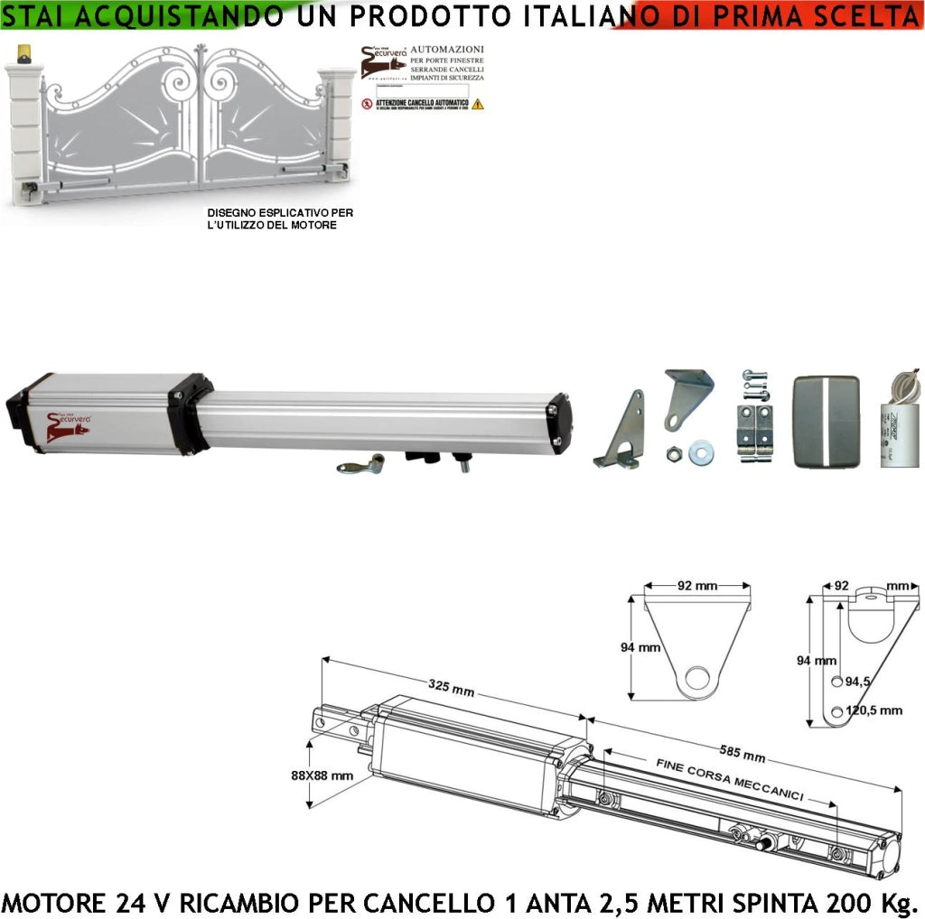 Pistone Cancello Automatico 2,5 Metri Motore 24 Vcc Corsa 400 mm con Sblocco a Chiave Ricambio Automazione Originale Securvera con Finecorsa Meccanici Completo di Staffe Bulloni Ricambio Universale