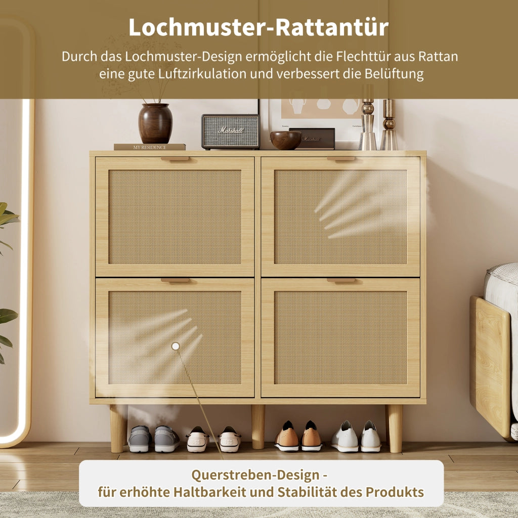 OKWISH Scarpiera con 4 Ante a Ribalta, Ripiani Regolabili, Dettagli in Rattan e Gambe in Legno, per Ingresso, 100×25×90 cm