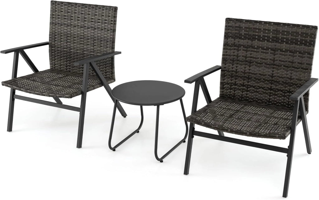 Set di Mobili da Esterno di 3 Pezzi, Tavolo Rotondo e 2 Poltrone in Rattan, con Piedini Regolabili, Seduta Ampia, Schienale Alto, Set di Tavolo e Sedie per Patio, Terrazza, Balcone