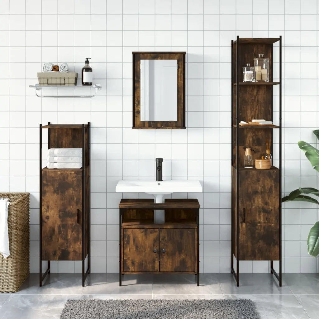 Set Mobili da Bagno | Armadio da bagno 4 pz Rovere Fumo in Legno Multistrato