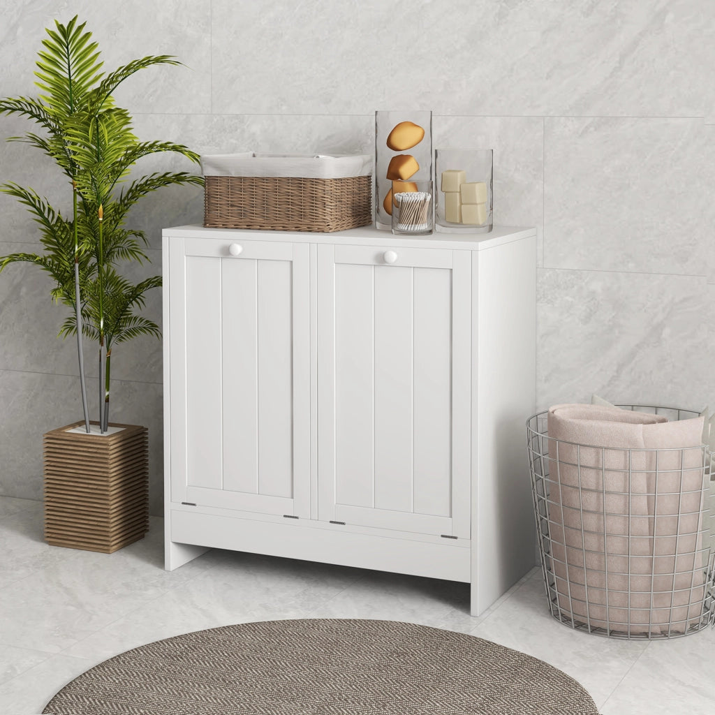 Mobile Portabiancheria con 2 Scomparti a Ribalta in Legno, 66x33x68cm, Bianco