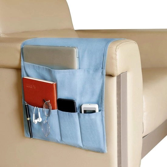 Organizzatore per Caddy con 5 tas - Sedia da divano con 5 borse - Sedia a forma di letto - Supporto per telecomando - Borsa per sedile - Blu - Telefonino, riviste, libro, occhiali