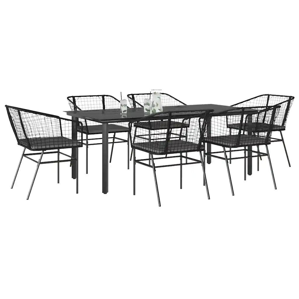 Set Pranzo da Giardino 7 pz Nero con Cuscini Polyrattan Vetro 3334602
