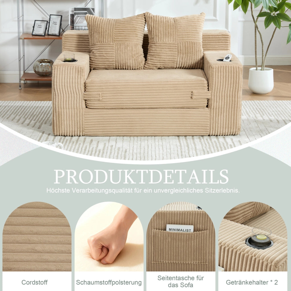 Divano pouf in velluto a coste kaki con tasche laterali e 2 cuscini; 151 x 133 x 64 cm