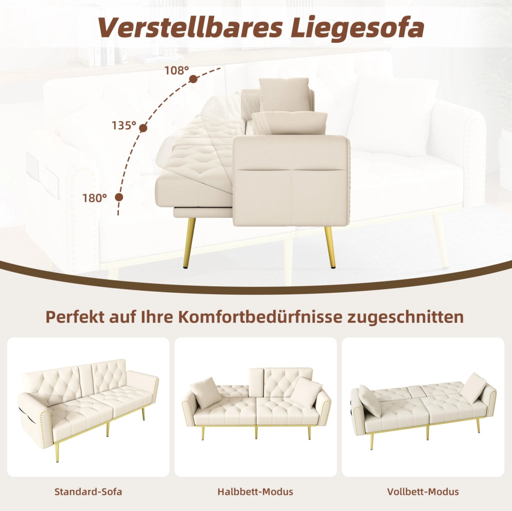 Divano letto 2 posti in velluto beige con schienale reclinabile