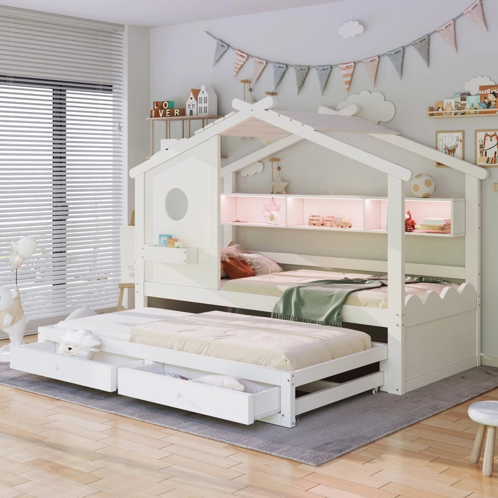 Letto Bambini a Casetta con Letto Estraibile ¨C Xylo ¨C Bianco, LED, USB, Cassetti, 90x200