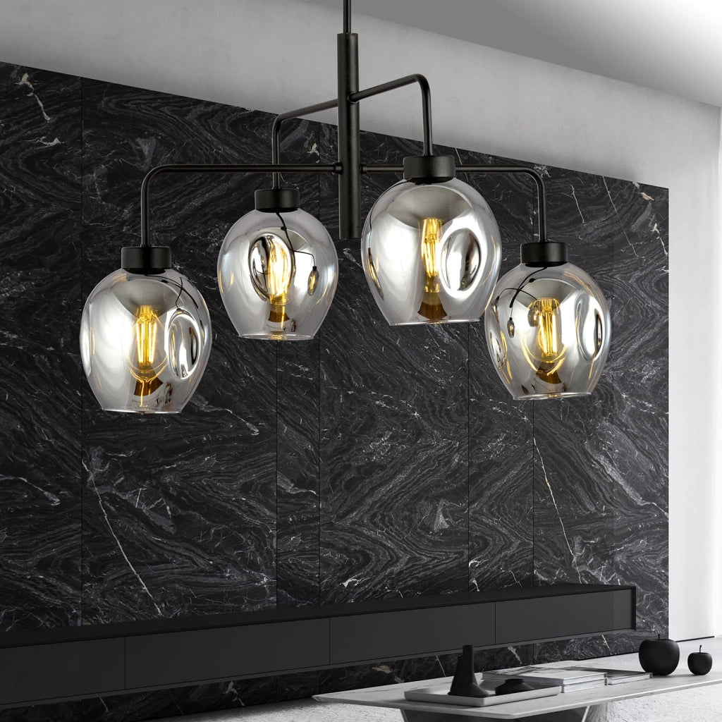 Lampadario Moderno 4 Luci Auriga In Accaio Nero E Vetro Fumè