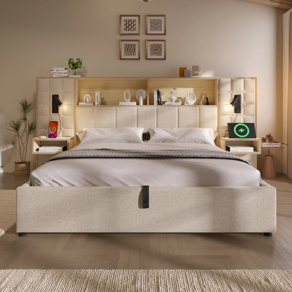 Letto contenitore 180 × 200 cm con luci da lettura, USB e Type-C, 2 comodini sospesi, senza materasso
