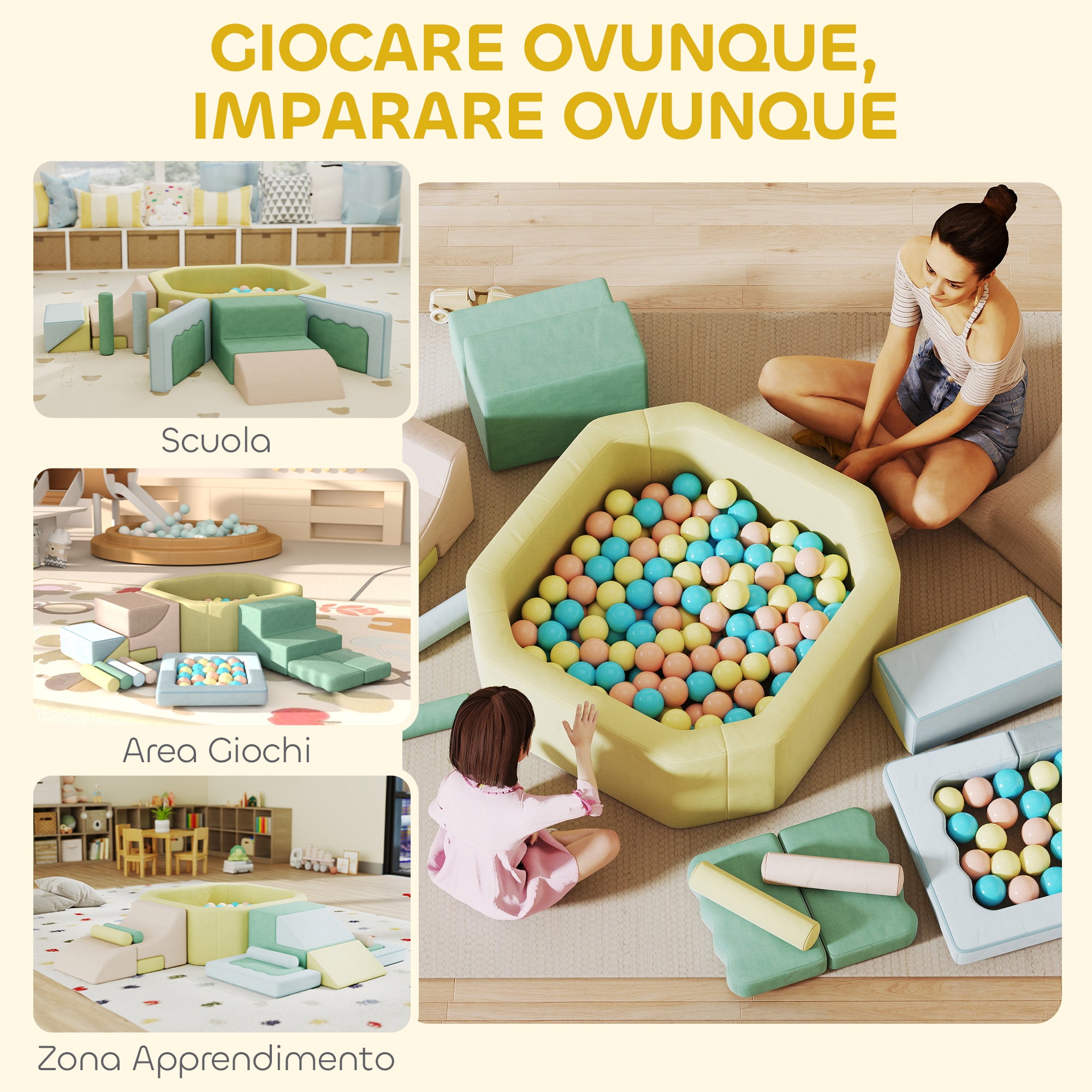 Set 15 Blocchi di Costruzioni Morbide Modulabili per Bambini con 200 Palline per Uso Interno Multicolore