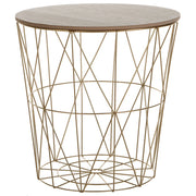 Tavolino Luce Legno Piano Rimovibile Metallo dorato Cestino Filo Geometrico Glam