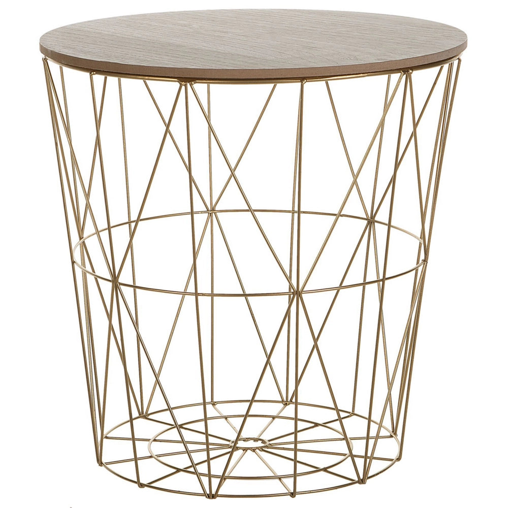 Tavolino Luce Legno Piano Rimovibile Metallo dorato Cestino Filo Geometrico Glam