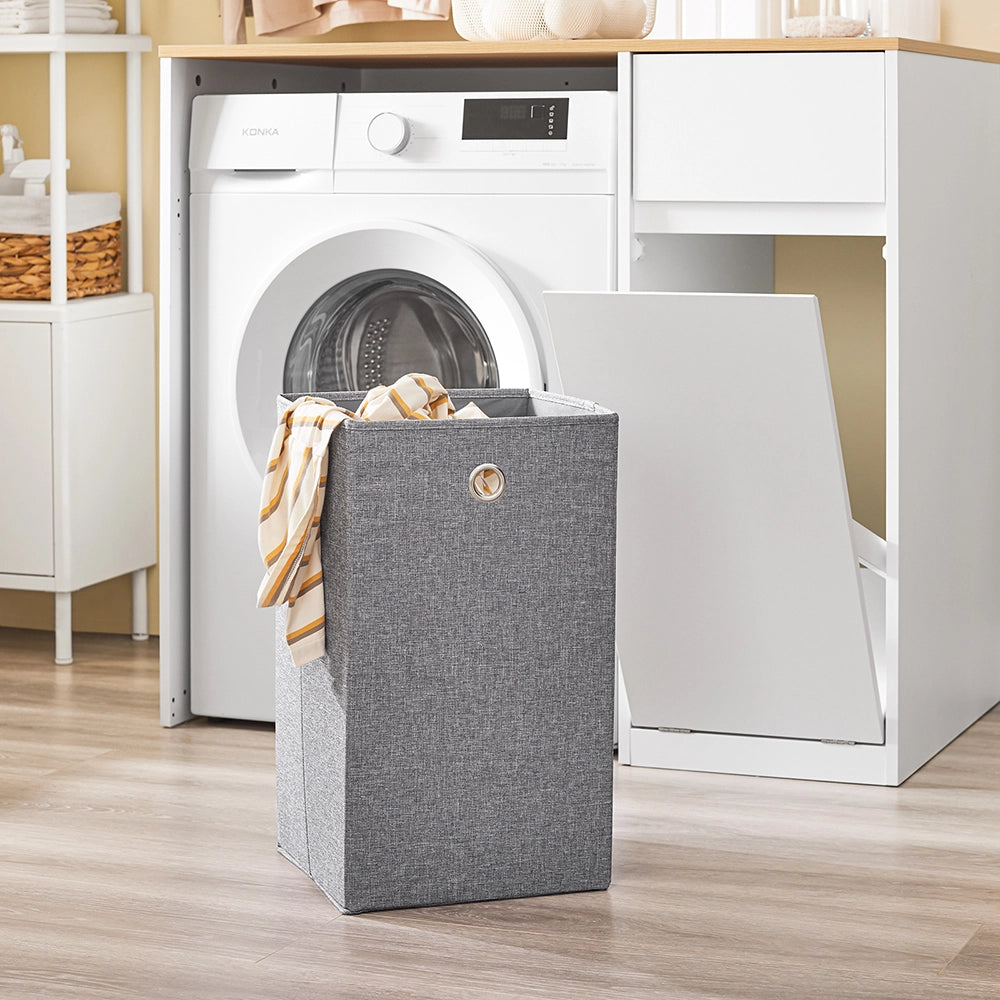 SoBuy Mobile per lavatrice – Armadio da bagno con cesto portabiancheria e cassetto, per lavatrice e asciugatrice, Mobiletto salvaspazio legno, Bianco,100×60×90 cm, BZR217-WN