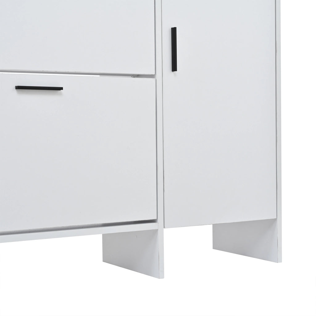 Mobile ingresso con specchio, panca, 6 ganci, 1 cassetto, 2 ante ribaltabili e 4 vani, in MDF bianco, 140 × 30 × 200 cm