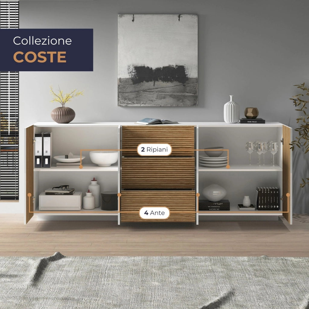 WHOUS Credenza Coste a 4 ante e 3 cassetti bianco opaco e legno chiaro 220,1x43x86 cm