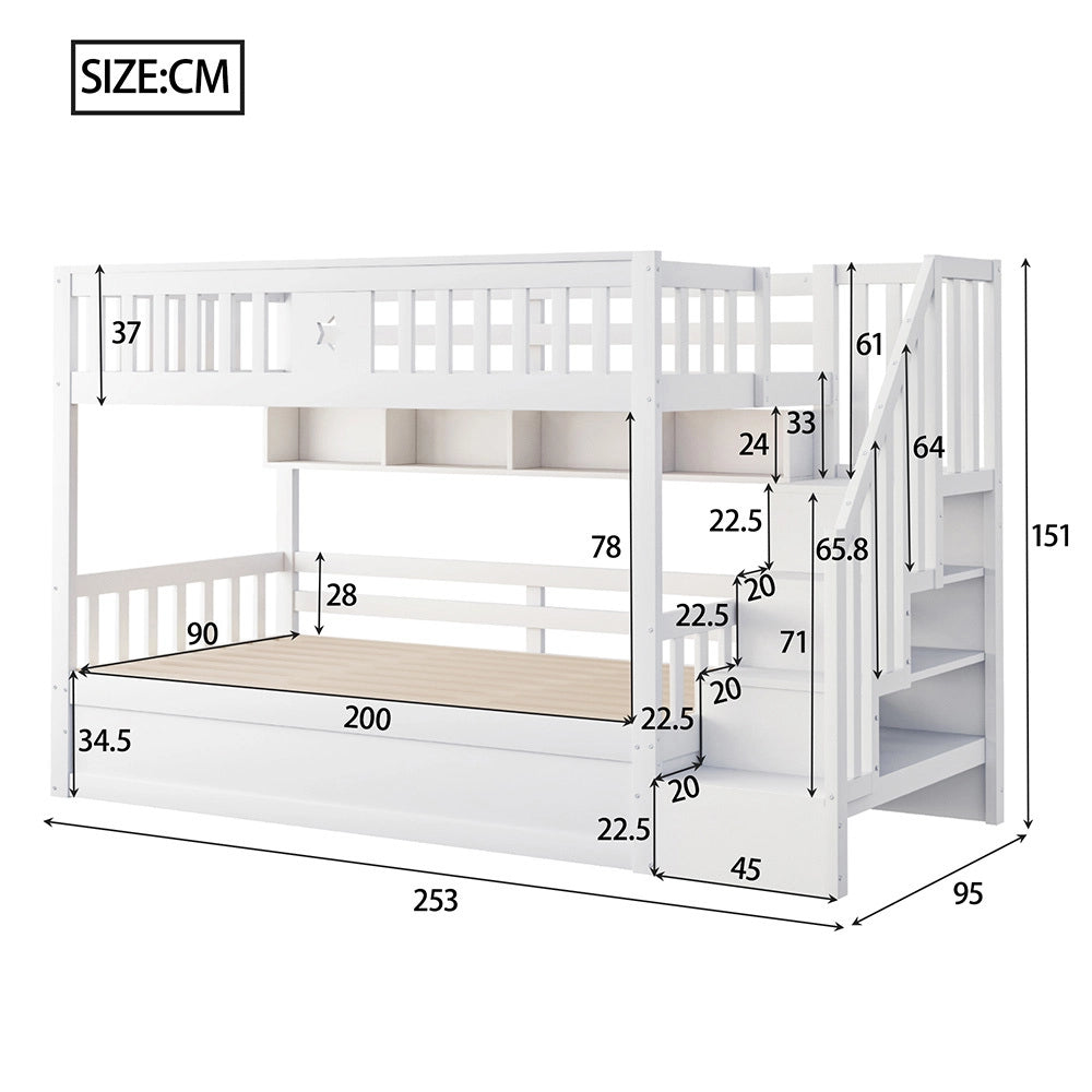 Letto a Castello Legno Ragazzi – Xylo – 90x200cm Bianco, Base Idraulica, Scala con Ripostiglio, Scaffali
