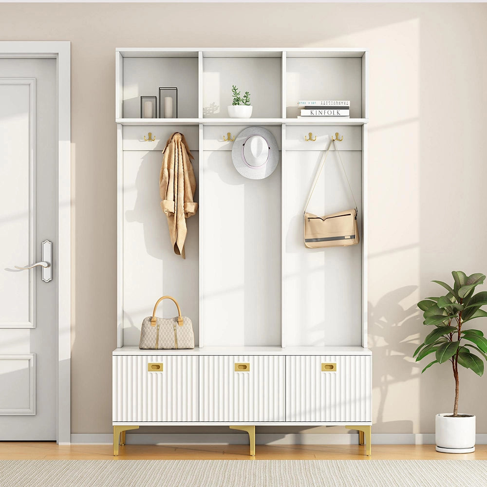 Vestiaire con panchina - Xylo - L120xP235xH1915 - Bianco - 6 ganci, gambe dorate, multifunzionale