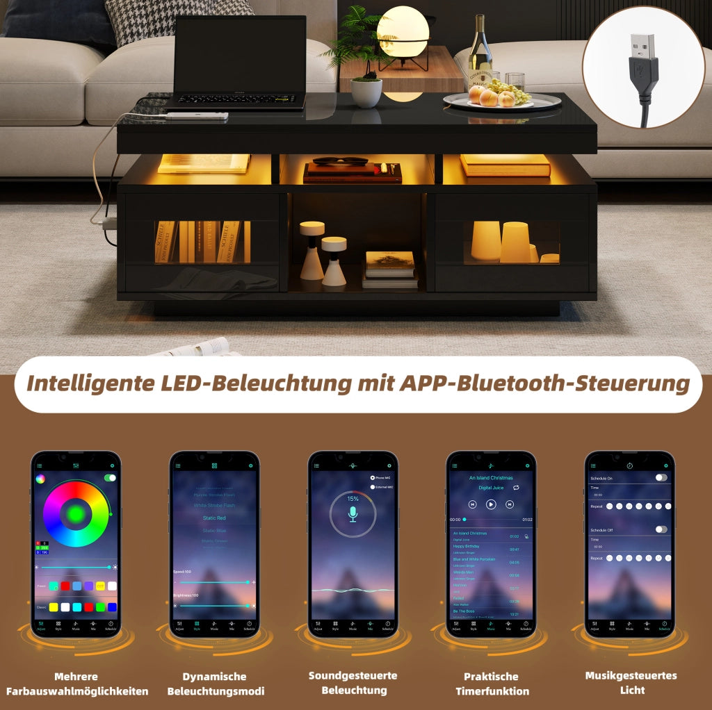 Tavolino da caffè nero LED RGB con prese USB e 2 armadietti