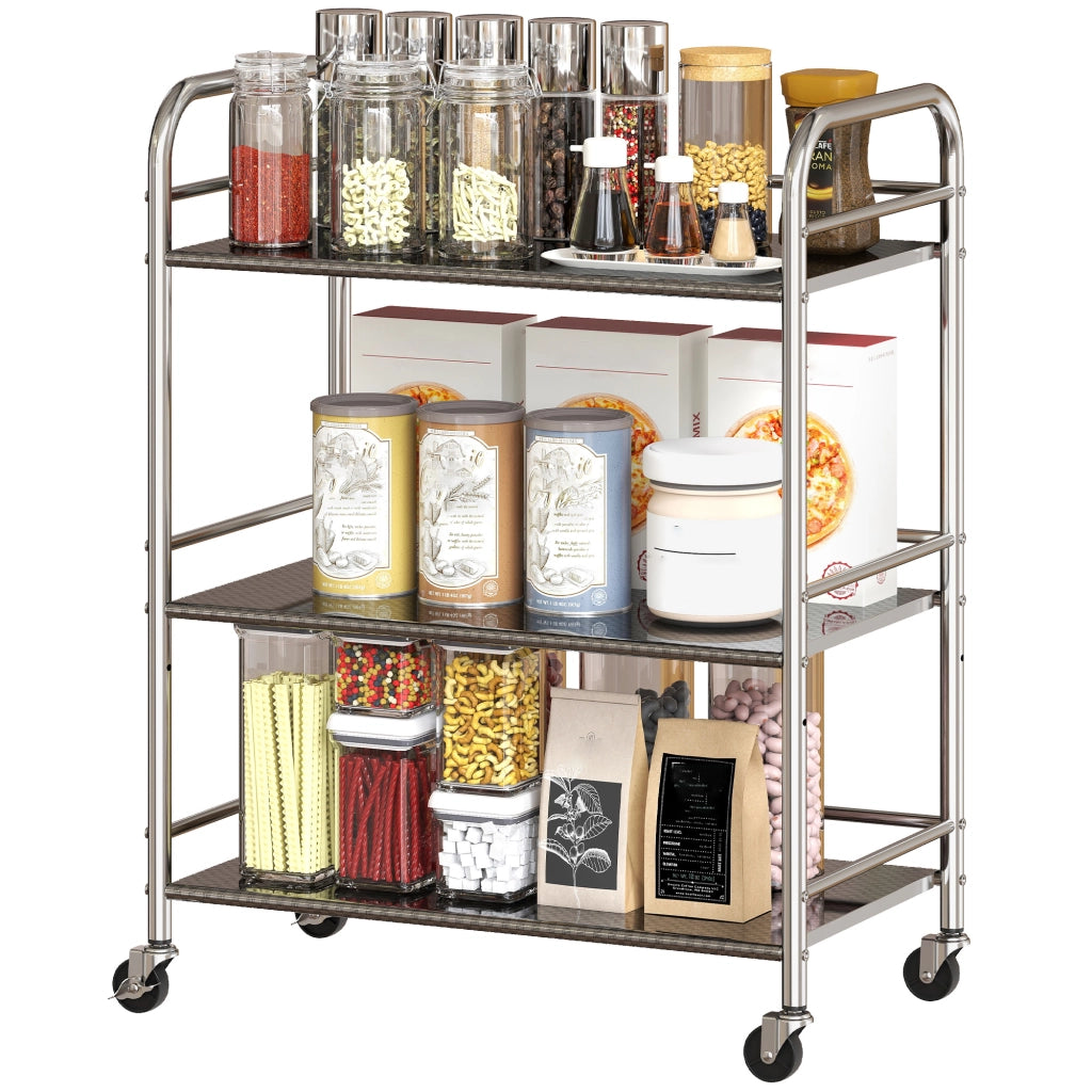 Carrello Multiuso a 4 Livelli con Ripiano Centrale Regolabile e Bordi Rialzati. in Acciaio Inox. 60x35x77 cm