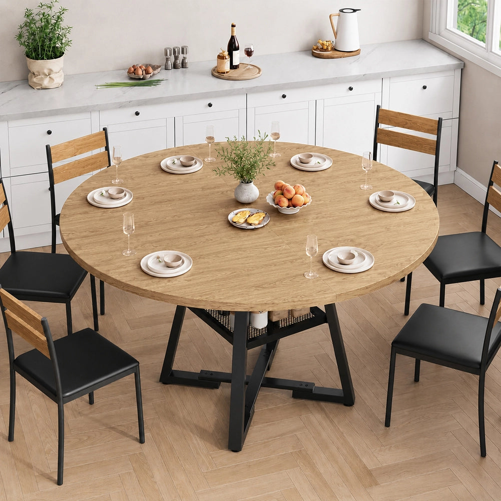 Tavolo per Sala da Pranzo Tondo Naturale con Ripiano Portaoggetti 120x120x76cm