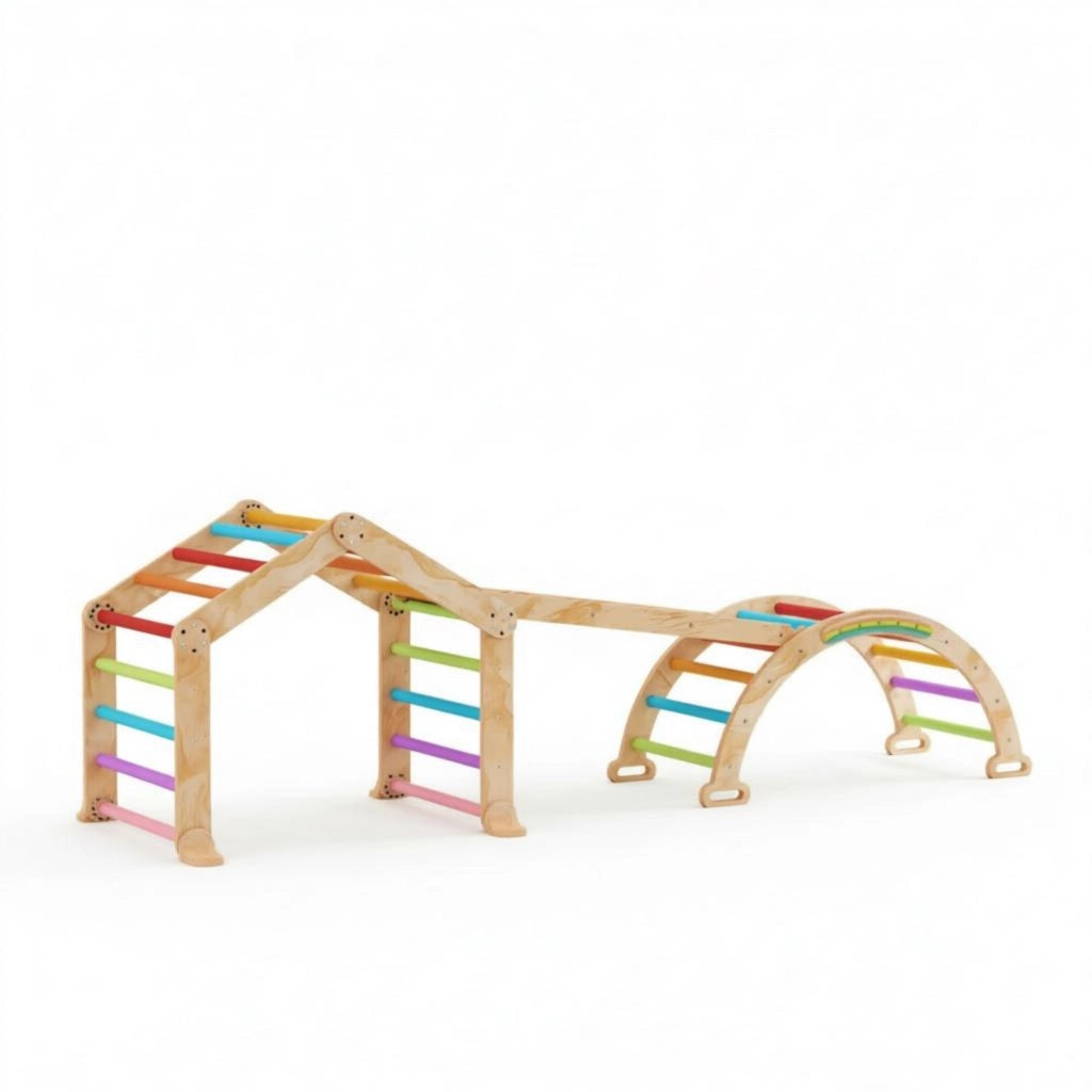 Triangolo di arrampicata multicolore per bambini con rampa reversibile, scivolo e struttura per arrampicata.