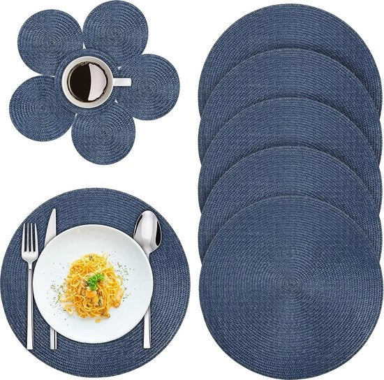 Set di tappeti di protezione rotondi e piedini da 6, 38 cm tappeti di protezione rotondi in fibra tessuta, tappeti di protezione antiscivolo lavabili e termoresistenti in PP per cucina, tavolo da pranzo, ristorante, festa di Natale (azzurro 12 pezzi)