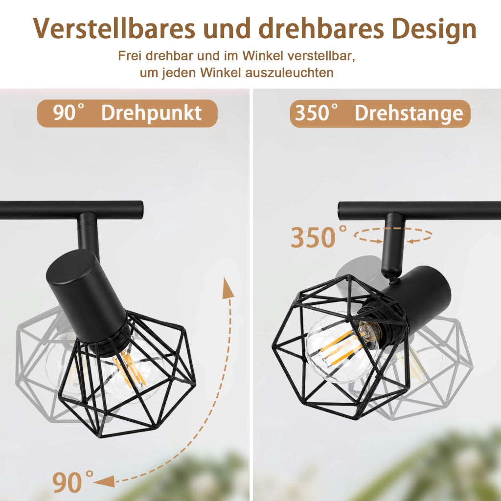 ZMH Faretto da soffitto 3 Luci Nero Legno E14 Vintage Industriale Orientabile 350¡ã per Camera Soggiorno Senza Lampadina