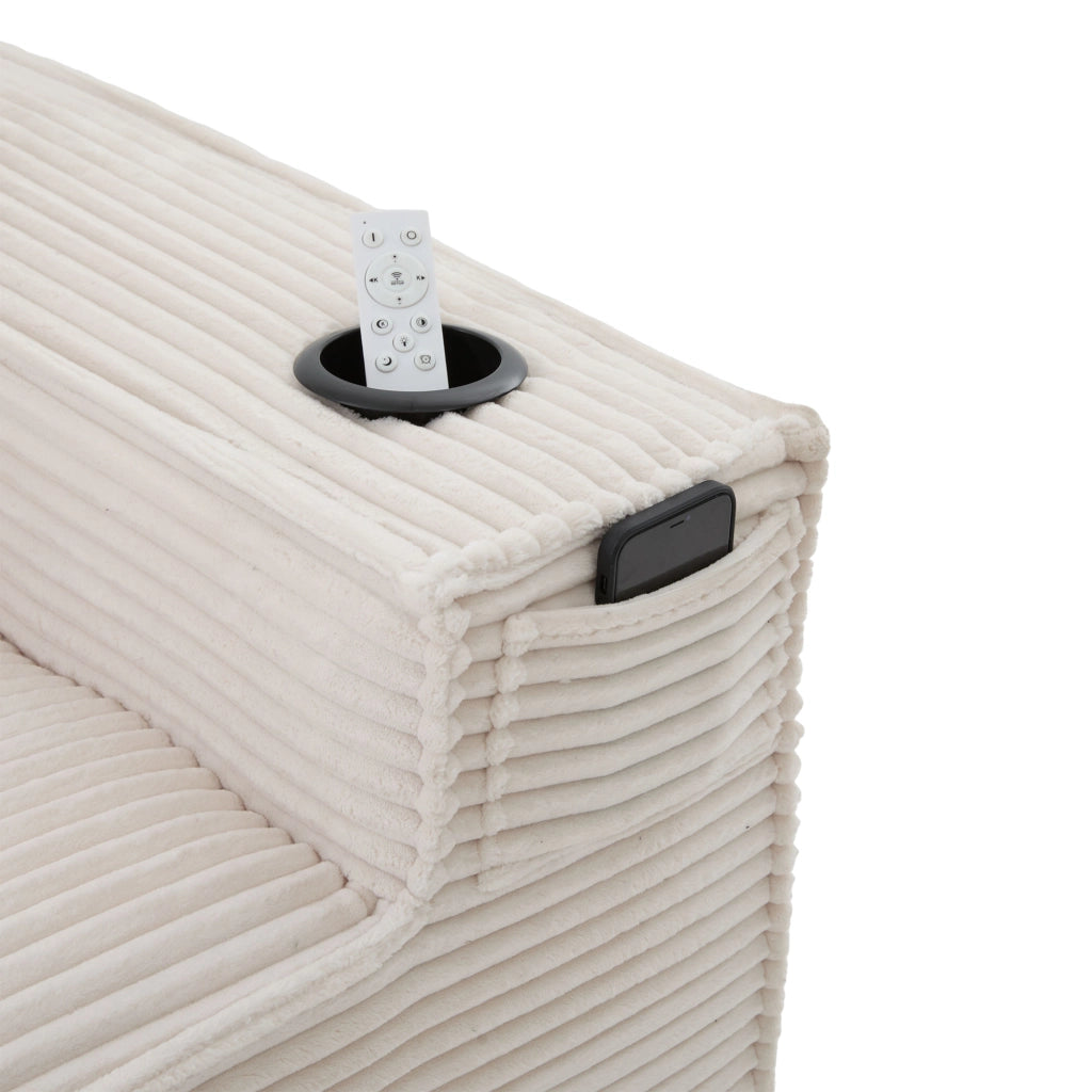 Divano modulare a 2 posti con porta bicchieri, tasche laterali e cuscini lombari in tessuto a coste beige 188 × 90 × 75 cm