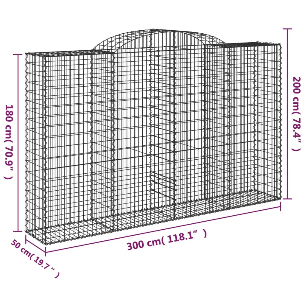 Cestini gabbioni recinzione a gabbia muro di contenimento ad arco 10 pezzi 300 x 50 x 180/200 cm ferro zincato argento 02_0040266