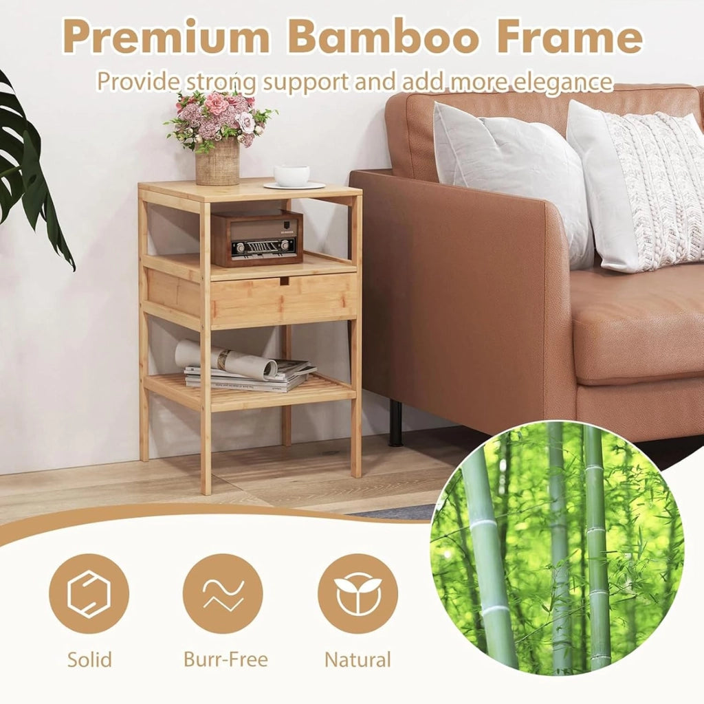 Comodini, materiale ecologico in bambù, comodino a 3 ripiani, tavolino rustico con cassetto, per balcone, soggiorno, camera da letto, 40 x 40 x 45 cm (L x P x A), naturale (2)