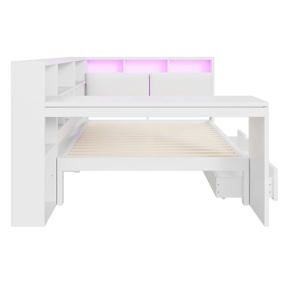 Letto Piattaforma Angolare con Scrivania e Libreria ¨C MINIMAL ¨C Bianco, Legno, Testiera Imbottita, LED, Cassetti, 140x200