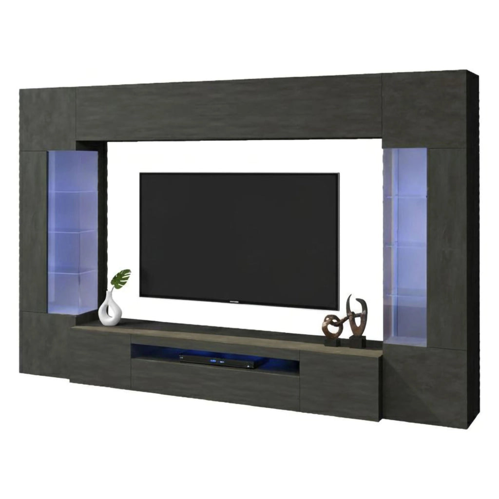 Parete attrezzata Arga, Set salotto porta TV a 6 ante, Mobile soggiorno multiuso con luce LED, 100% Made in Italy, cm 290x40h191, Antracite