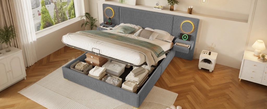 Letto matrimoniale 180 × 200 cm con contenitore idraulico, LED e USB, senza materasso, in velluto, grigio