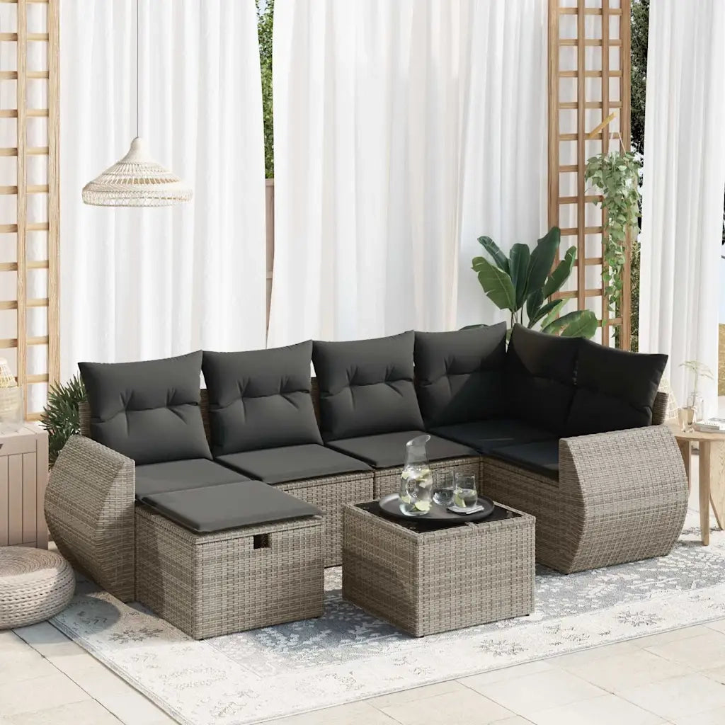 Set Divani da Giardino 7 pz con Cuscini Grigio in Polyrattan 3325596