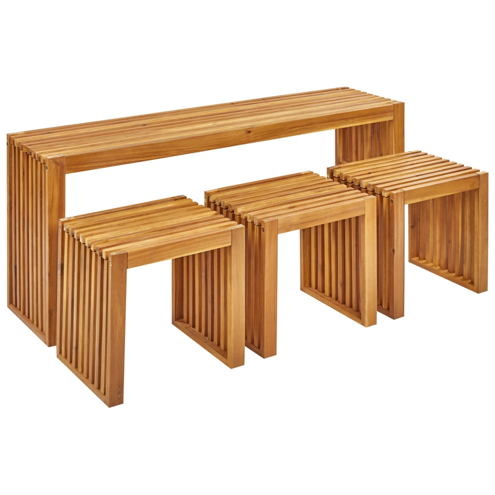 Set da pranzo da giardino 4 pezzi Tavolo rettangolare in legno massiccio di acacia chiaro 3 sgabelli Stile rustico moderno per interni esterni