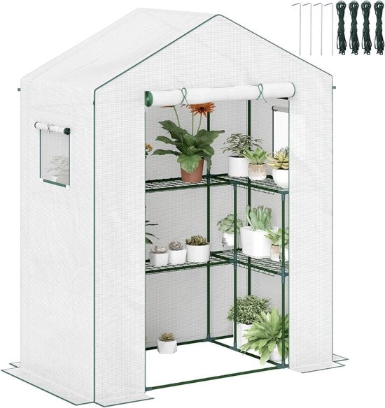 Cassa per la coltivazione con 3 strati e scaffalature per balcone con telaio in acciaio e porta scorrevole per piante, verdure e fiori 140 x 73 x 190 cm