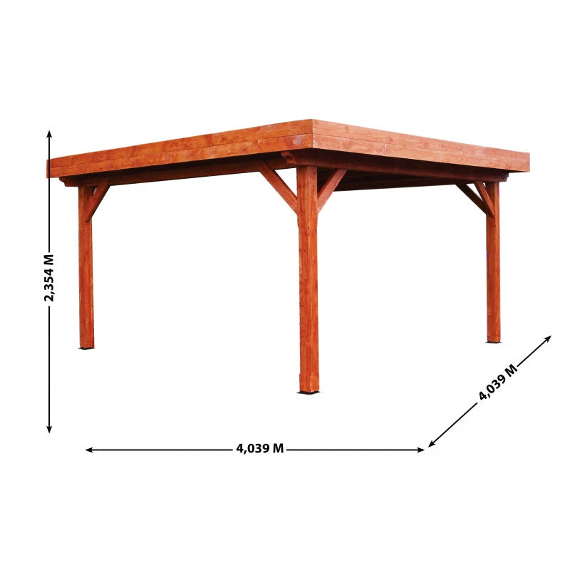 Gazebo da giardino in legno lamellare 372x372 cm – carport con tetto piano in acciaio zincato – pali 120x120 mm – OM3535.0 Foresta