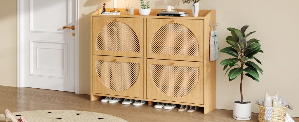 Scarpiera con 4 ante ribaltabili 8 vani e 2 ganci per ingresso in MDF finitura naturale moderna 120 × 24 × 90 cm