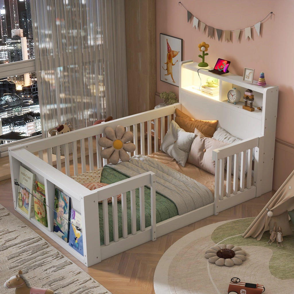 Letto per bambini singolo 90×190 cm con sponde alte; USB; luce notturna e vano; senza materasso; bianco