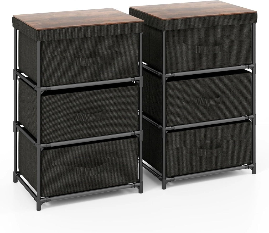 Armadietto a 3 Cassetti, Cassettiera Verticale con Contenitori in Tessuto Pieghevoli e Rimovibili, Comò in Stile Industriale per Camera da Letto, Soggiorno e Ufficio, Nero (Nero 2)