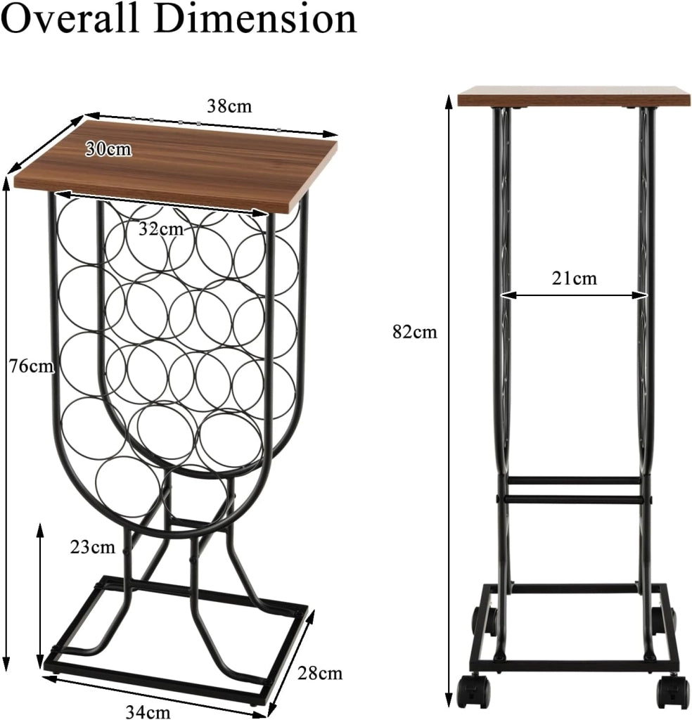 Portabottiglie per 14 bottiglie con ruote, supporto mobile per vino con telaio metallico e tavola in legno, organizer per vino per sala da pranzo, bar, cantina, 39 x 30 x 76 cm