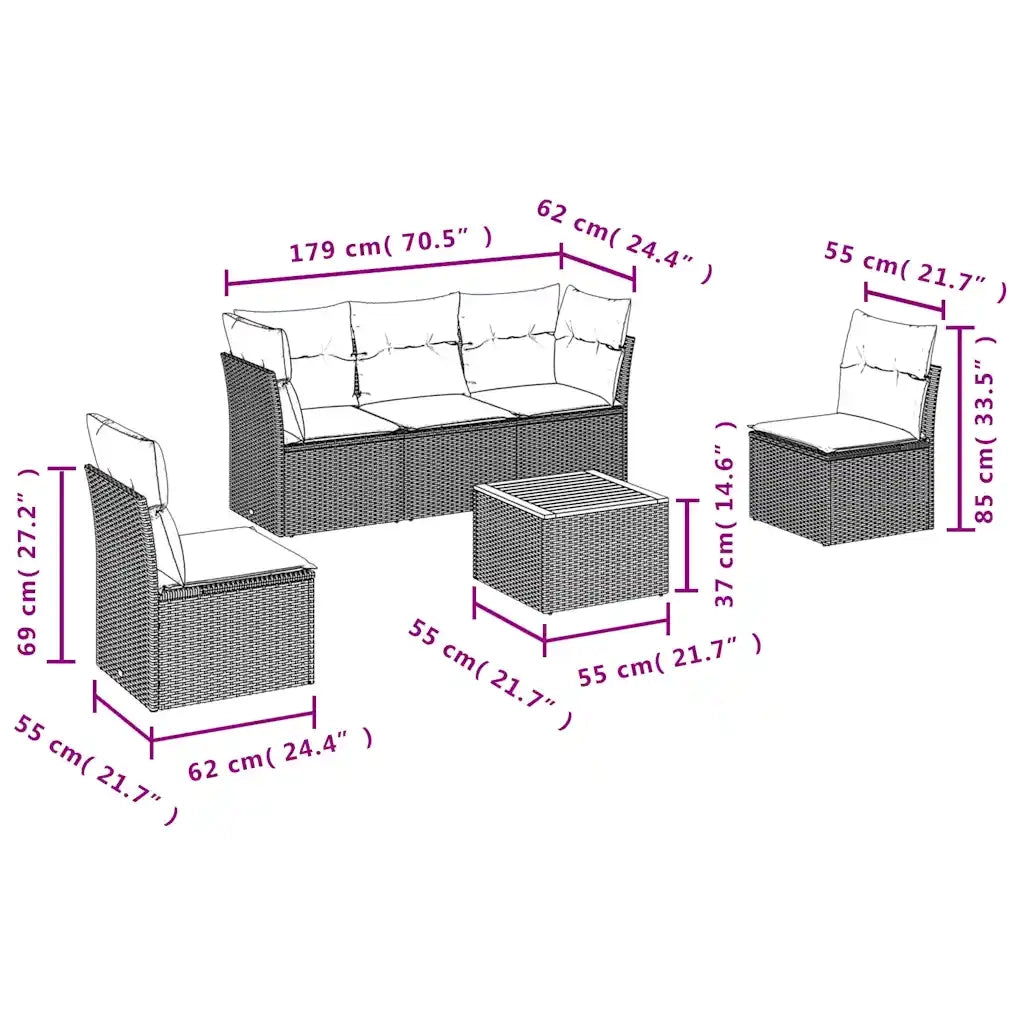 Set Divani da Giardino 6 pz con Cuscini Grigio in Polyrattan 3255879