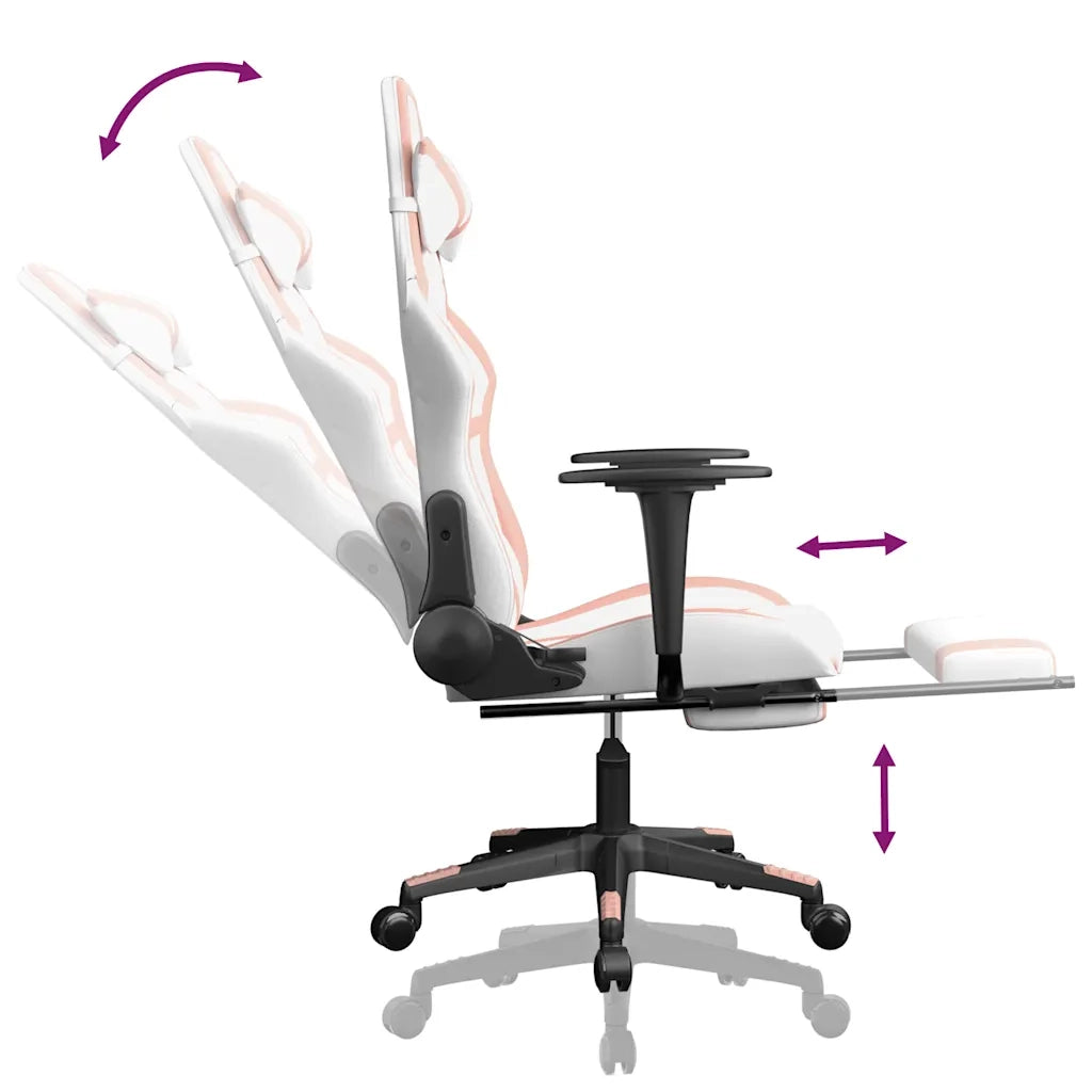 Sedia da Gaming | Sedia da e-sports Massaggio Poggiapiedi Bianco e Rosa Similpelle