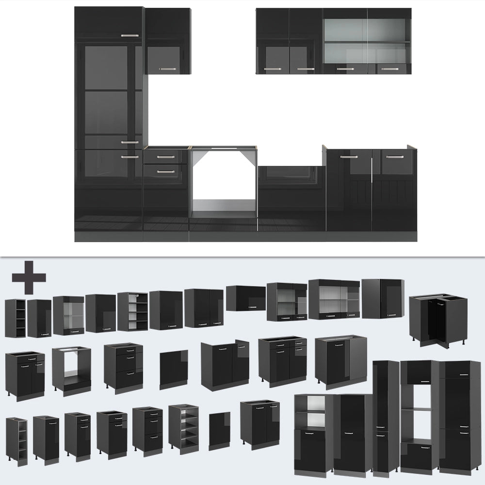 Vicco Cucina componibile Nero lucido/antracite 300 cm , PL Marmo