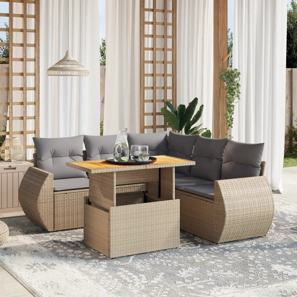 Set Divano da Giardino 6 pz con Cuscini Beige in Polyrattan