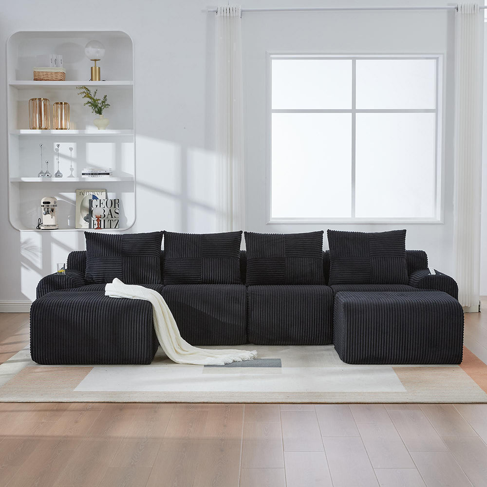 Canap¨¦ modulable 4 posti in velluto costato - Xylo - Con 2 sgabelli, porta-bibite e tasche laterali