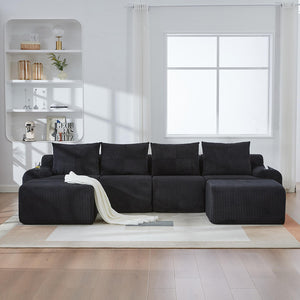 Canap¨¦ modulable 4 posti in velluto costato - Xylo - Con 2 sgabelli, porta-bibite e tasche laterali