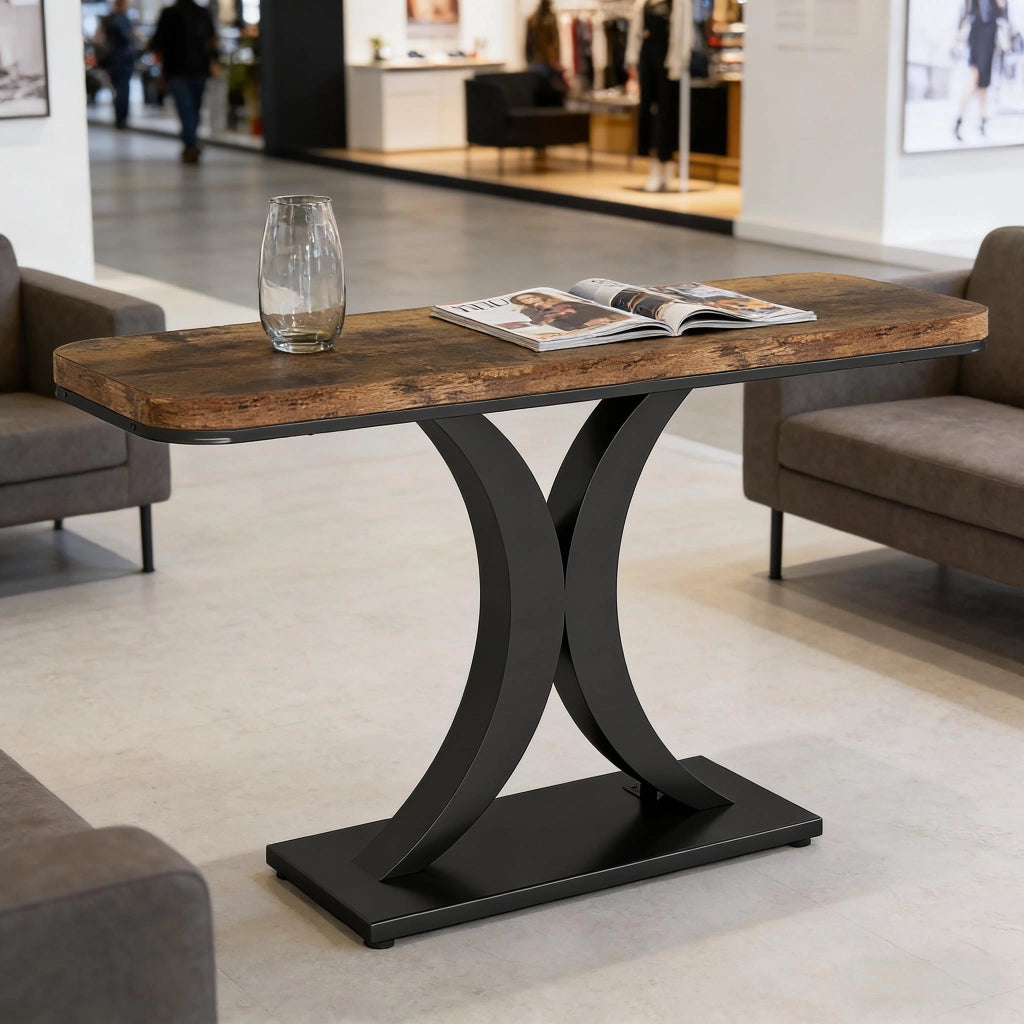 Consolle con piano effetto legno e base in metallo, stile industriale, per ingresso e soggiorno, 100 × 29,5 cm