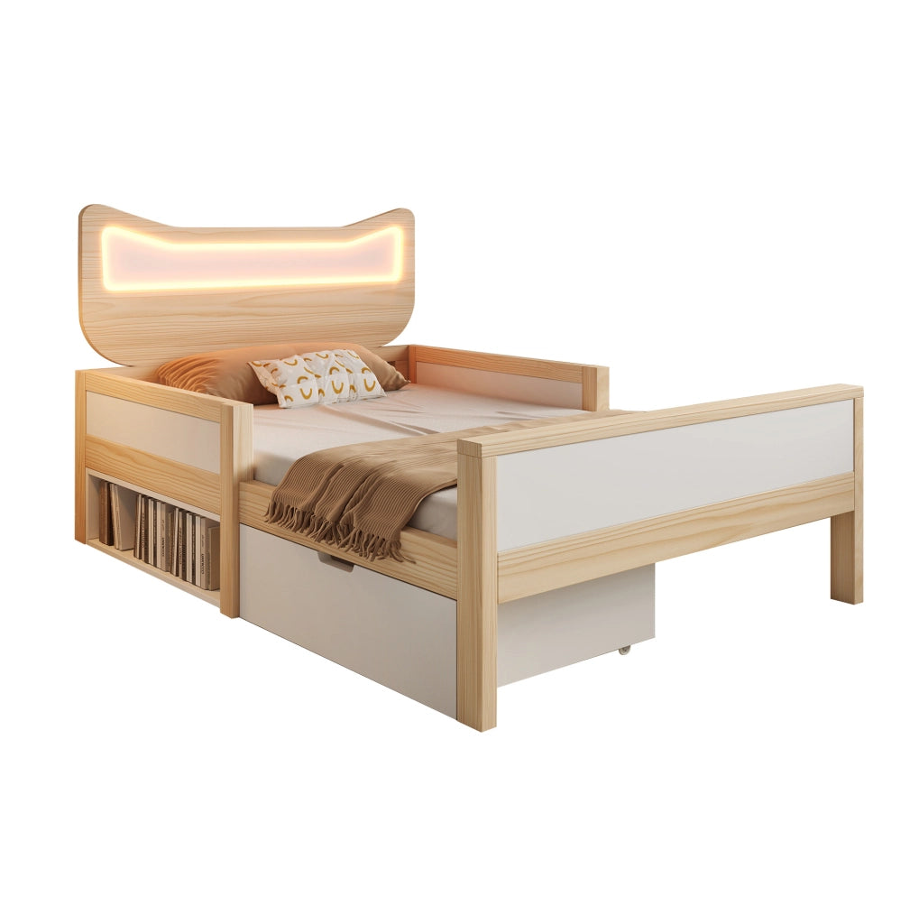 Letto per bambini 90x190 cm con testiera a gatto; LED; cassetto e vano contenitore; bianco e rovere