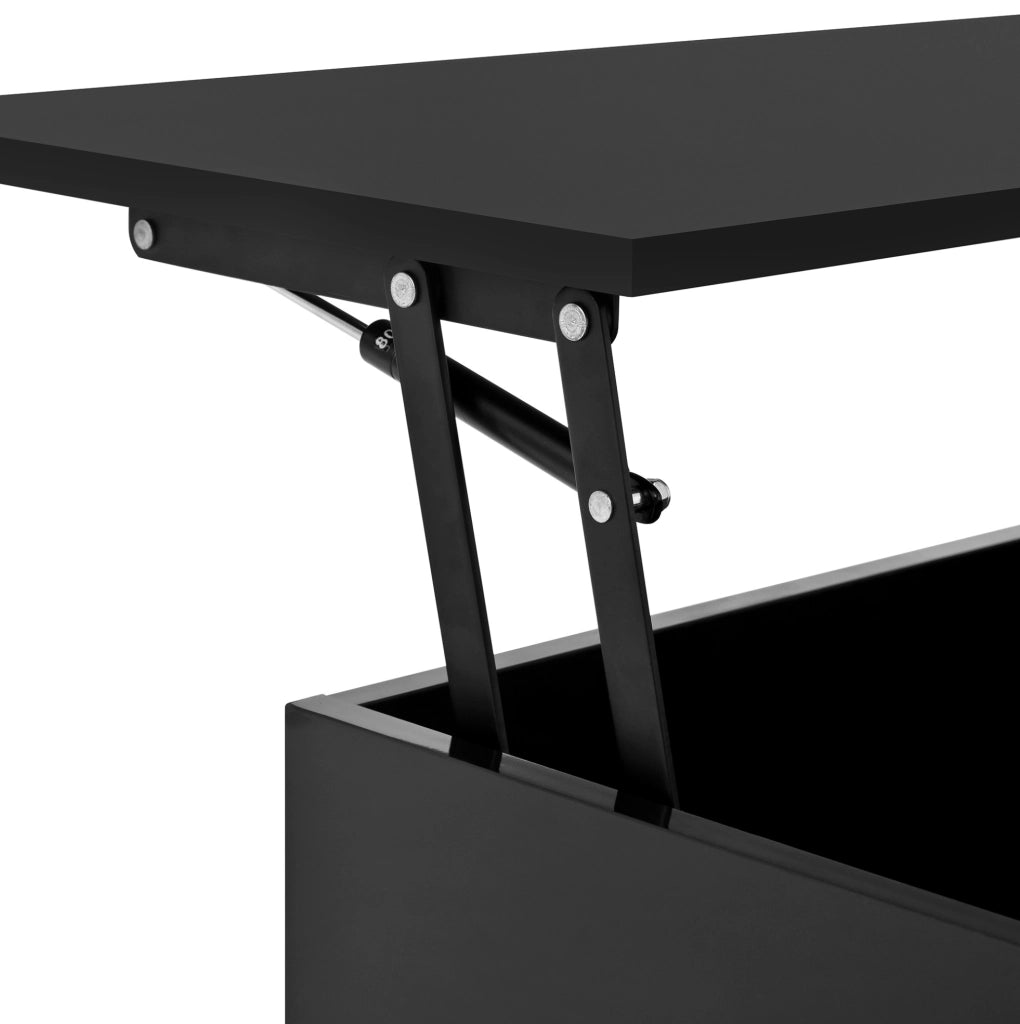 Tavolino da salotto elevabile nero con LED, cassetto e vano aperto