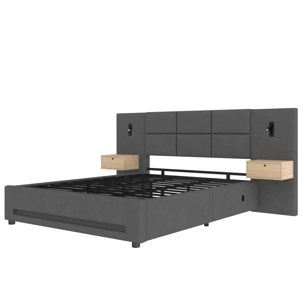 Letto imbottito 180x200 cm con contenitore; LED; USB-C e cassetti in velluto grigio scuro
